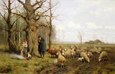 Crianças com Pastor e Ovelha numa Paisagem (óleo sobre tela) de Adolf Ernst Meissner