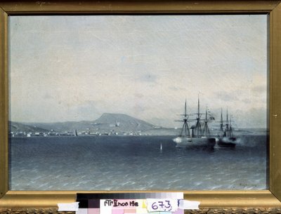 Guerra Russo-Turca (Russo-Turca) de 1877-1878: ""A cidade de Theodosia (ou Feodosiya) na Crimeia bombardeada pela frota turca em 1878"" (A frota turca bombardeou a cidade de Feodosiya em 1878) Pintura de Adolf Fessler (1826-1885) 1878 Estado Tretyakov G de Adolf Fessler