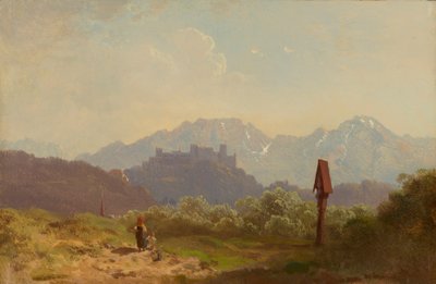 Parte perto de Salzburgo com vista para a Fortaleza de Hohensalzburg e a torre Untersberg atrás dela de Adolf Heinrich Lier