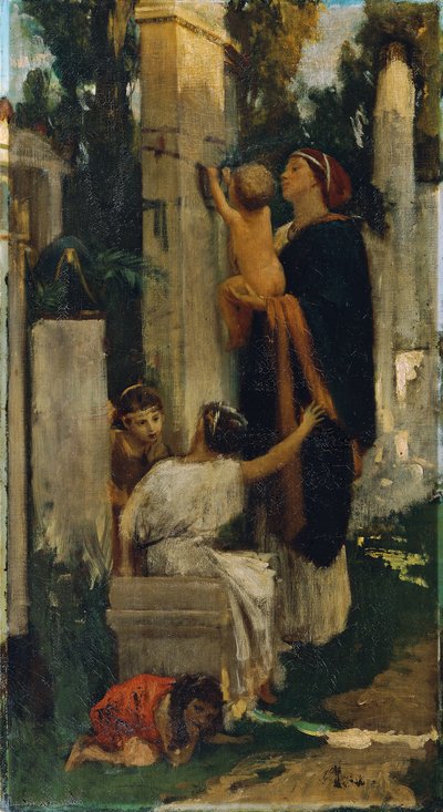 Cena de cemitério antigo (mulher com crianças a decorar uma sepultura) de Adolf Hiremy Hirschl