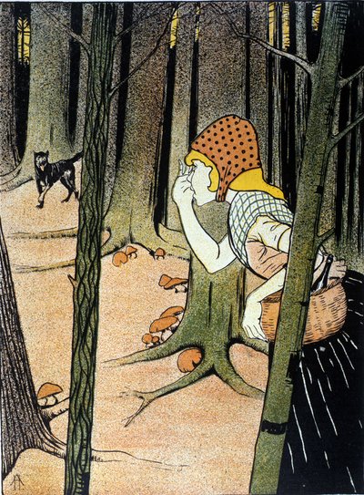 Chapeuzinho Vermelho. História dos Irmãos Jacob Grimm (1785-1863) e Wilhelm Grimm (1786-1859). Ilustração de Adolf Hofer de Adolf Hofer