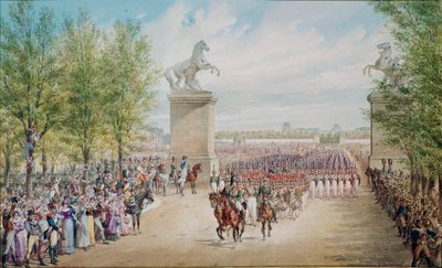 O czar Alexandre I (1777-1825) sobe ao Champs Elysees com seu exército em Paris, em 1814. Pintura de Adolf Charlemagne (1827-1901) de Adolf Jossifowitsch Charlemagne