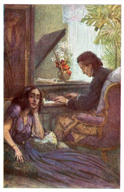 Músico e compositor, Frederic Chopin, com George Sand de Adolf Karpellus (cor litho) de Adolf Karpellus
