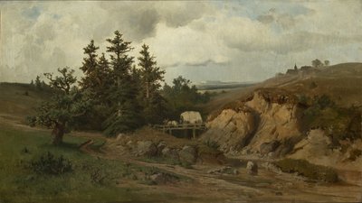 Paisagem com Ponte de Madeira - Paisagem com Ponte de Madeira - Adolf Kosarek (1830-1859). óleo sobre tela de Adolf Kosárek