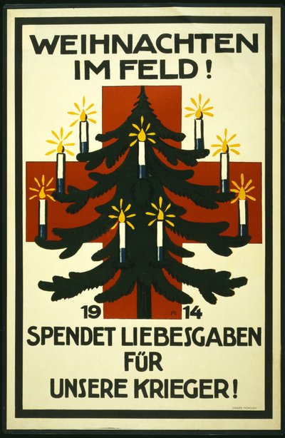 Campanha de Natal da Cruz Vermelha Alemã pedindo pacotes para enviar às tropas na linha da frente, pub. Munique de Adolf Munzer