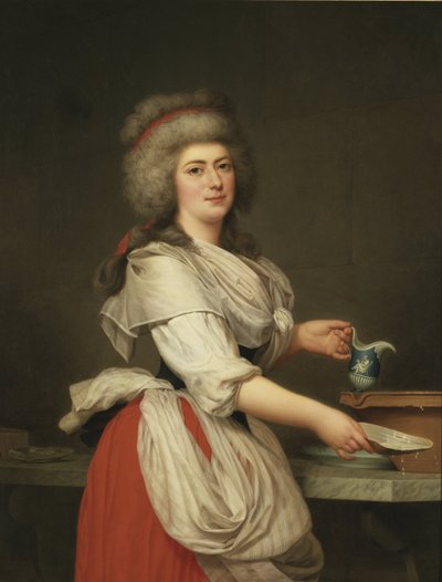 Adelaide Augie (ou Auguier), femme de chambre de la reine en laitiere au Trianon - Madame Adelaide Aughie, amiga da Rainha Maria Antonieta, como leiteira em Trianon, de Wertmuller, Adolf Ulrik (1751-1811). Óleo sobre tela de Adolf Ulrich Wertmuller