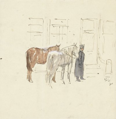 Homem com dois cavalos na frente de um prédio de Adolf le Comte