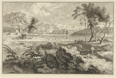 Paisagem da Arcádia com rochas e rio Paisagens italianas e alemãs (título da série) de Adolf van der Laan