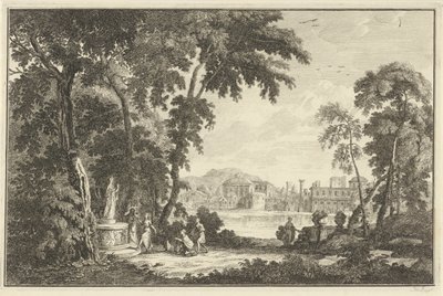 Paisagem do rio Arcadian com figuras adorando uma estátua Paisagens italianas e alemãs (título da série) de Adolf van der Laan