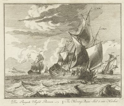 Tubo de arenque navegando para casa, c. 1725 Den Buysch Seyld Binnen / The Herring Busse Sail