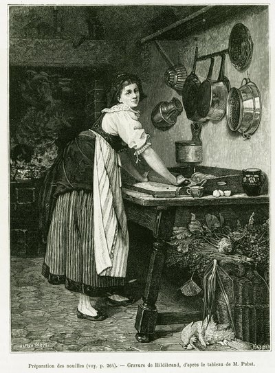 Preparação do macarrão. Gravura de Hildibrand, para ilustrar a história A Through Alsace and Lorraine, em 1887, de Charles Grad, deputado alemão, no tour du monde 1888, dirigido por Edouard Charton (1807-1890), Hachette, Paris. de Adolf von Hildebrand