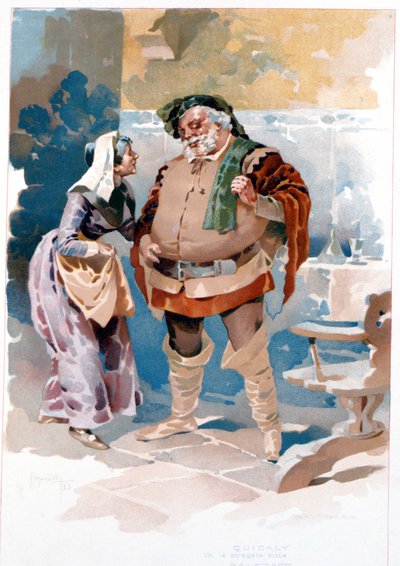 Acto III da ópera de Giuseppe Verdi "Falstaff": Falstaff e Quickly ("Voi le stregate tutte..."). Ilustração de Hohenstein. Museo Teatrale alla Scala, Milão 1893 de Adolfo Hohenstein