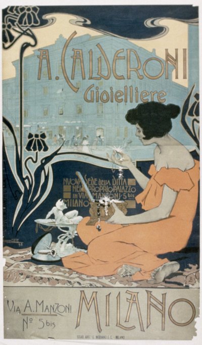 Anúncio de "A. Calderoni, joalheiro, Milão de Adolfo Hohenstein
