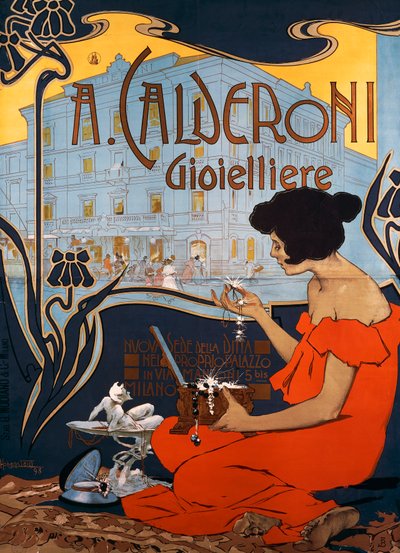 Cartaz publicitário para os joalheiros Calderoni em Milão de Adolfo Hohenstein