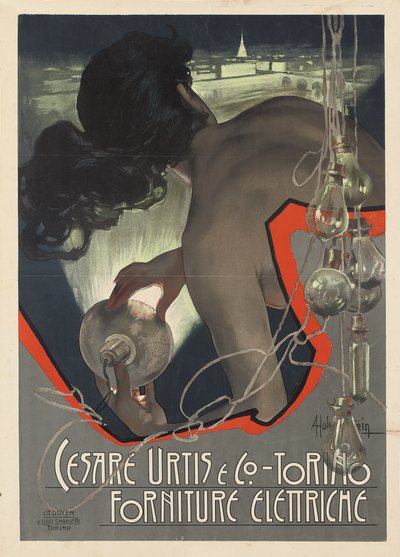 Cartaz publicitário produzido para a empresa italiana de suprimentos de iluminação Cesare Urtis & Co. of Turin, 1889 de Adolfo Hohenstein