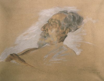 Giuseppe Verdi no seu leito de morte (lápis de lápis com lavagem e aumento branco no papel) de Adolfo Hohenstein