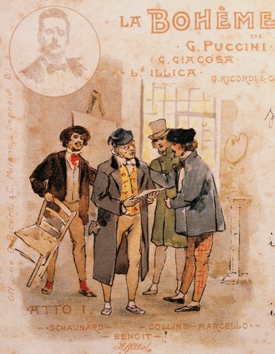 Cartão postal de Adolf Hohenstein (1854-1928) para a primeira apresentação de La Boheme de Adolfo Hohenstein