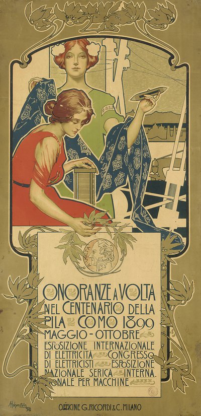Cartaz publicitário da exposição de produtos elétricos realizada em homenagem ao 100º aniversário do nascimento de Alessandro Volta de Adolfo Hohenstein