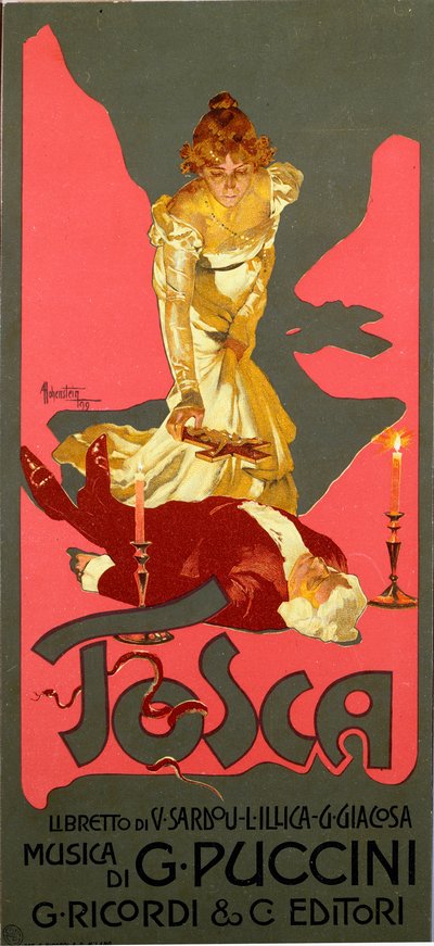 Cartaz em estilo Liberty para a ópera "La Tosca" de Giacomo Puccini (1858-1924) 1906 Dim. 30x13,5 cm Ilustração de Adolfo Hohenstein (1854-1928) Milan Private Collection de Adolfo Hohenstein