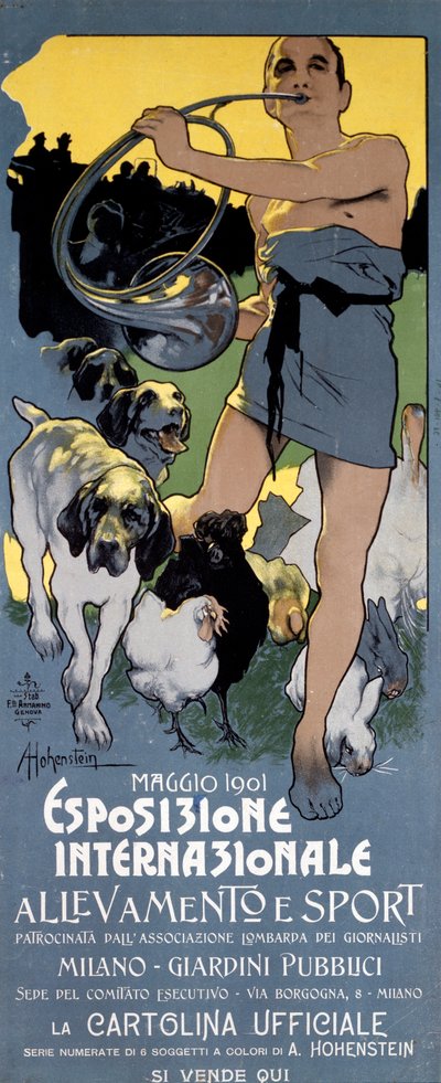 Cartaz da Exposição Internacional “” Animal Husbandry and Sport ”” em Milão ilustrado por Adolfo Hohenstein de Adolfo Hohenstein