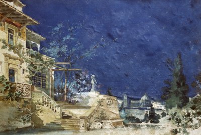 Cenografia de Adolfo Hohenstein (1854-1928) para estreia de Zanetto, ópera de Pietro Mascagni (1863-1945) de Adolfo Hohenstein