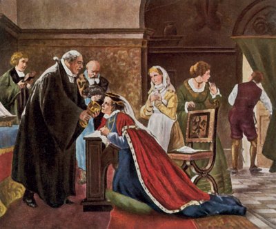 A Elisa Isabel comunga segundo o rito protestante (litografia a cores melhorada) de Adolph (after) Treidler
