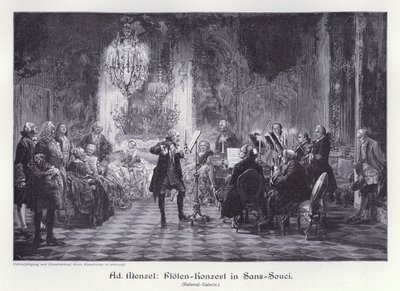 Concerto de flauta no Palácio de Sanssouci, Potsdam, Prússia (gravura) de Adolph Friedrich Erdmann von (after) Menzel