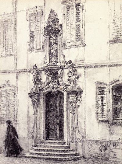 Um homem que desce as escadas de um edifício decorado com um portal barroco, 1884 de Adolph Menzel