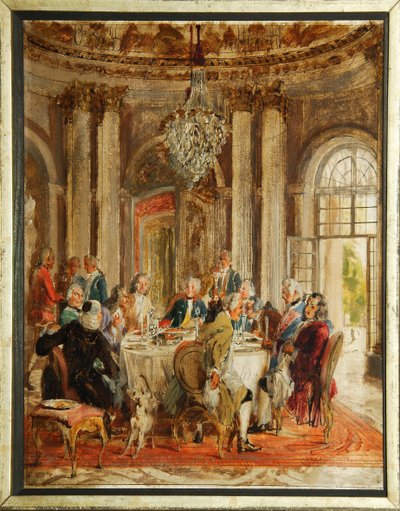A Mesa Redonda de Frederico II da Prússia (1712-1786) com Voltaire (François-Marie (François Marie) Arouet de Voltaire (1694-1778) e Christoph Ludwig von Stille (1696-1752) no Palácio de Sanssouci - Esboço de Adolph Friedrich von Menzel (1815-1905), óleo de Adolph Menzel