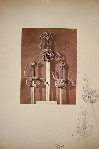 Espadas de ferro e prata (desenho a lápis em uma página ilustrada) de Adolph Menzel