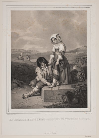 Um menino pastor romano amarra a sandália de uma jovem. de Johan Adolph Kittendorff
