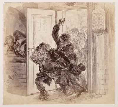 Adam, espancado por Ruprecht, sai a correr da sala do tribunal; Eve e os outros observam ao fundo, segundo a obra de Heinrich von Kleist «O jarro partido» de Adolph Menzel