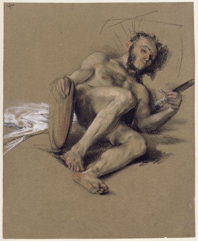 Estudo de nu: homem barbudo deitado no chão, do lado esquerdo, com espada e escudo nas mãos; estudo para a saudação por ocasião da maioridade do príncipe herdeiro, em 1850 de Adolph Menzel