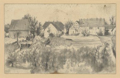 Vista de celeiros e casas de lavoura, com árvores baixas e arbustos em primeiro plano de Adolph Menzel
