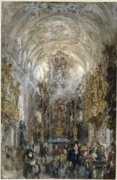 Vista para a igreja colegiada de Nossa Senhora da Antiga Capela em Ratisbona, com pessoas junto à pia de água benta em primeiro plano à direita de Adolph Menzel