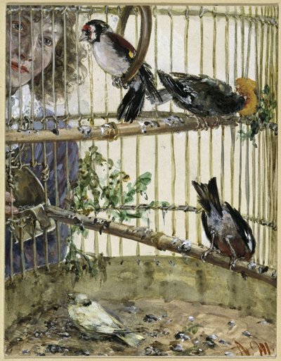 Os pintassilgos e o canário na casa do camponês. Do «Álbum das Crianças» de Adolph Menzel
