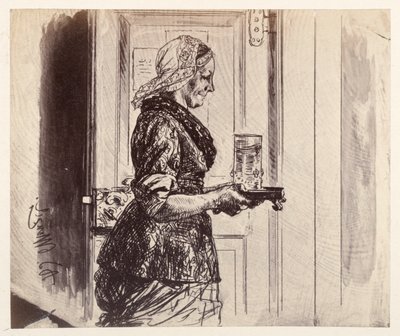 A criada entra na sala do tribunal com o copo de água que Adão lhe pediu, na peça de Heinrich von Kleist «O jarro partido» de Adolph Menzel