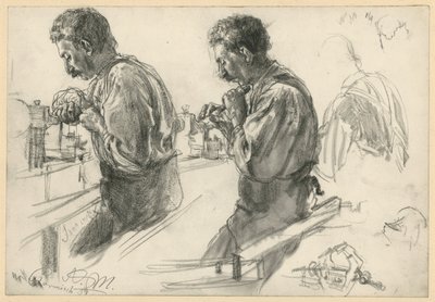 Torneiro na bancada, dois esboços e detalhes de Adolph Menzel