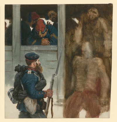 Transporte de prisioneiros franceses em vagões de comboio, com um soldado de infantaria prussiano à frente; cena da Guerra de 1870 de Adolph Menzel