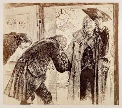 O juiz Walter entra pela porta pela direita, levantando o chapéu num gesto cordial, sendo recebido com deferência por Adam e Licht, na peça de Heinrich von Kleist «O jarro partido» de Adolph Menzel