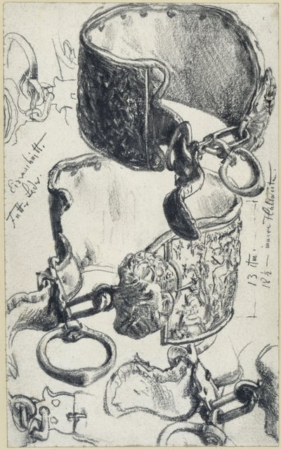 Coleira de cão para um «Saupacker» do século XVII, em duas perspetivas e estudos de pormenor, Museu Histórico, Dresden de Adolph Menzel