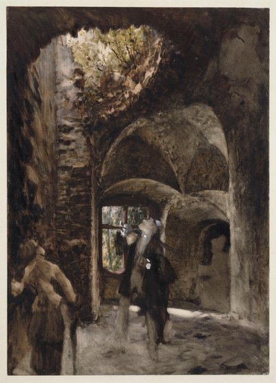 Nas ruínas, um senhor e uma senhora estão num patamar e olham para cima, para um grande buraco na abóbada de Adolph Menzel