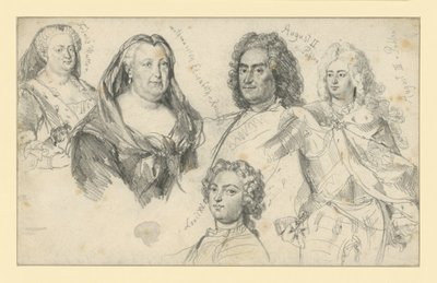 Rainha Sofia Doroteia da Prússia, imperatriz Isabel da Rússia, rei Augusto II da Polónia, rei Augusto III da Polónia, Luís XV de França de Adolph Menzel
