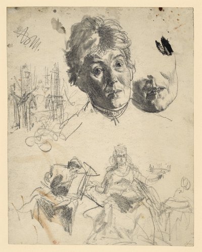 Cabeça de uma mulher idosa, com a zona do queixo repetida, esboço arquitetónico, esboço figurativo para uma alegoria de Adolph Menzel
