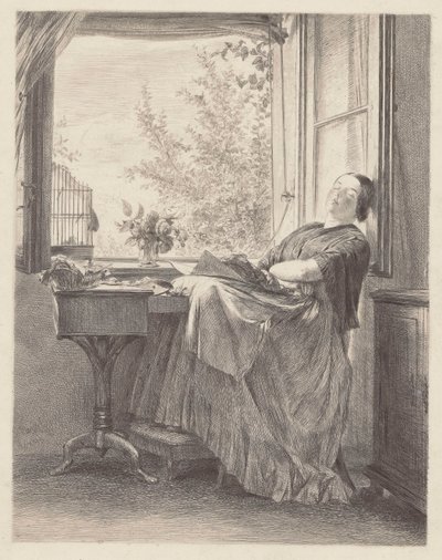Costureira a dormir junto à janela (Emilia, irmã de Menzel, mais tarde senhora Krigar). de Adolph Menzel