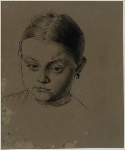 Cabeça de rapariga de frente, com a cabeça ligeiramente inclinada para baixo, brinco de Adolph Menzel