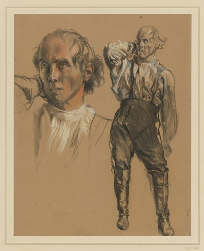 Homem de camisa, calças e botas altas, de pé de frente, com a mão direita na nuca, olhando para a esquerda, à esquerda: estudo de cabeça maior de Adolph Menzel