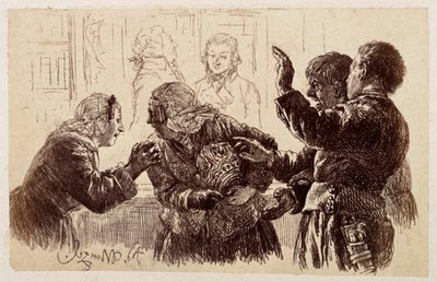 Marthe, com os cacos do jarro nos braços, está entre Veit e Ruprecht, e Eve implora à mãe que desista da queixa, de Heinrich von Kleist, «O Jarro Partido» de Adolph Menzel