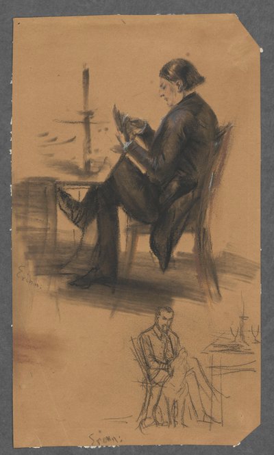 Um homem com cartas na mão, junto a uma mesa de jogo (em cima); um homem sentado à mesa, a acariciar um cão (em baixo) de Adolph Menzel