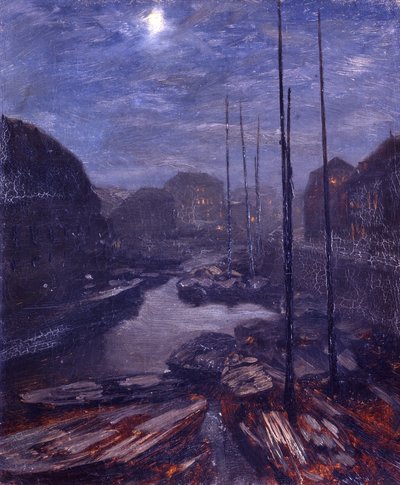 Luz da lua sobre a Friedrichsgracht, na Berlim antiga de Adolph Menzel